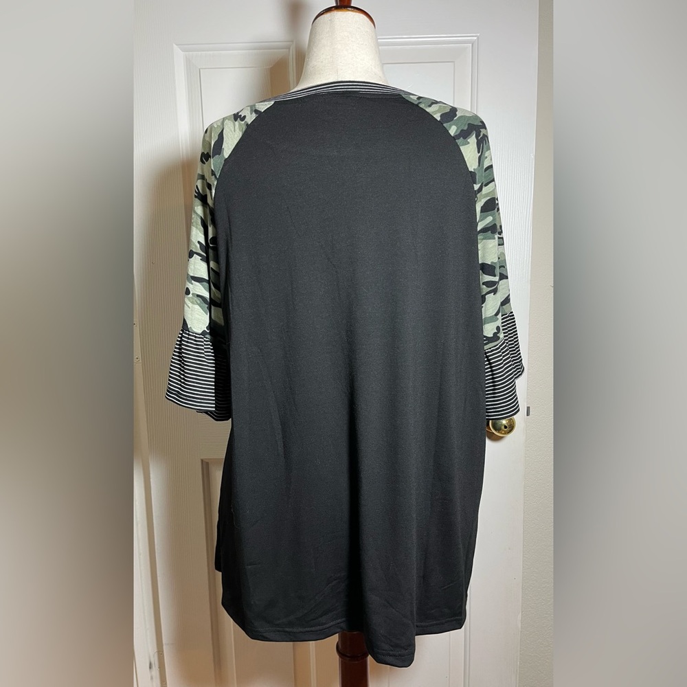 BloomChic Black Tunic Top w/ Camo Raglan Sleeves & Striped Ruffle Hem - Picture 6 of 9